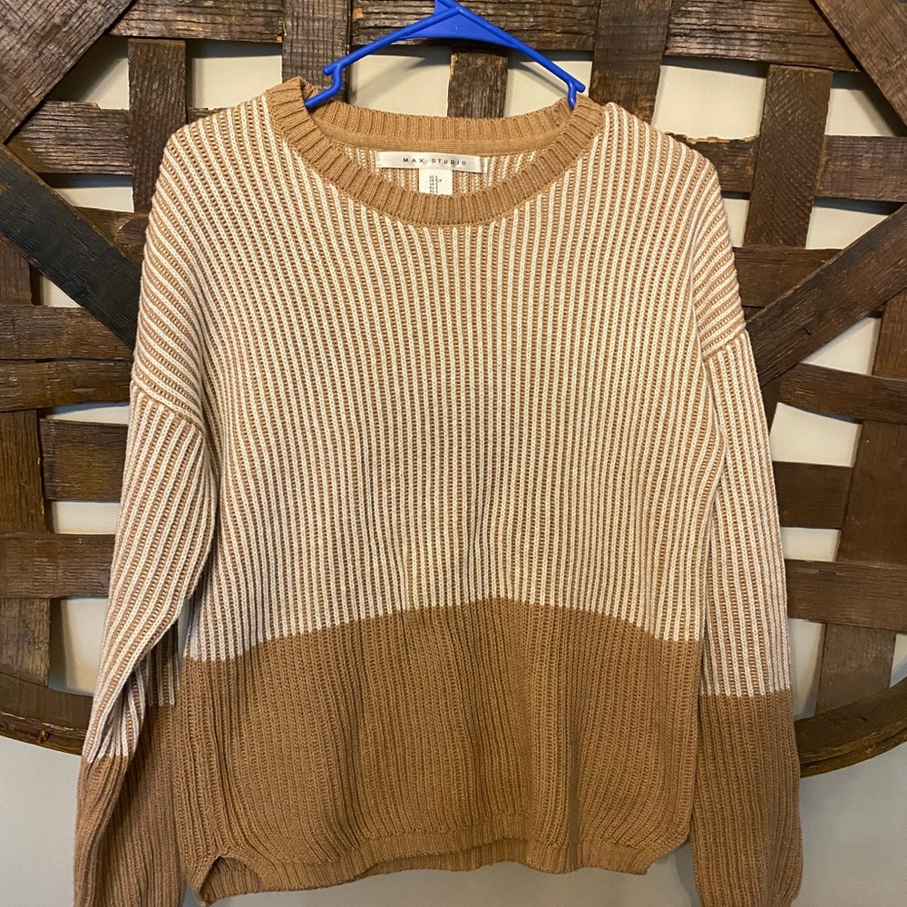 Taupe and white striped sweater. On the thicker side - keeps you toasty.